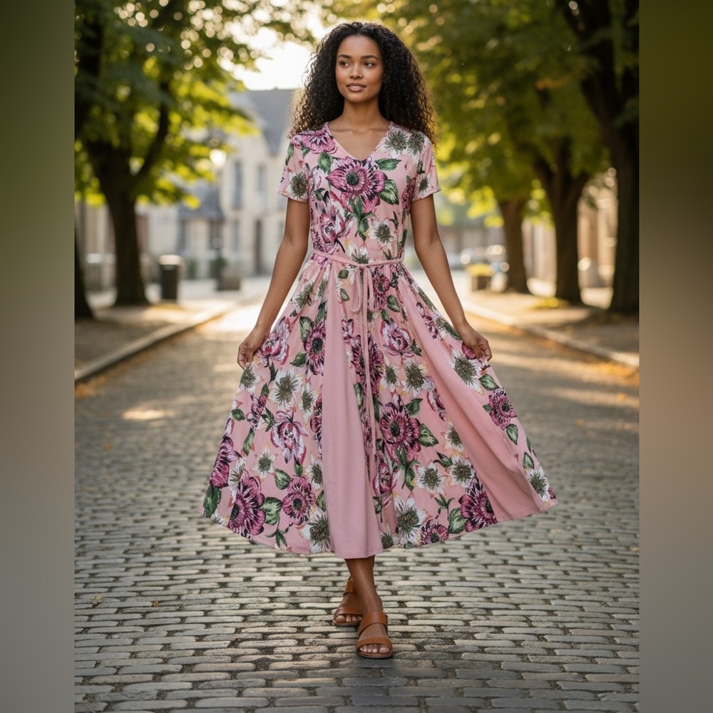 Nina Leonard Pink Floral Maxi Dress
